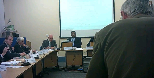 Nigel Hobro (standing) addresses a special meeting of the Audit and Risk Management Committee of Wirral Council 8th October 2014 L to R Cllr Adam Sykes, Cllr David Elderton, Andrew Mossop, Surjit Tour, Nigel Hobro (c) John Brace