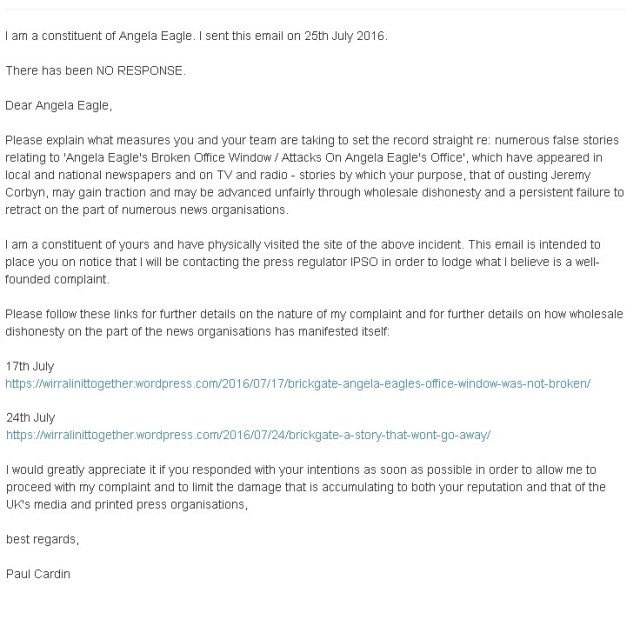 email to angela eagle dated 25th July 2016