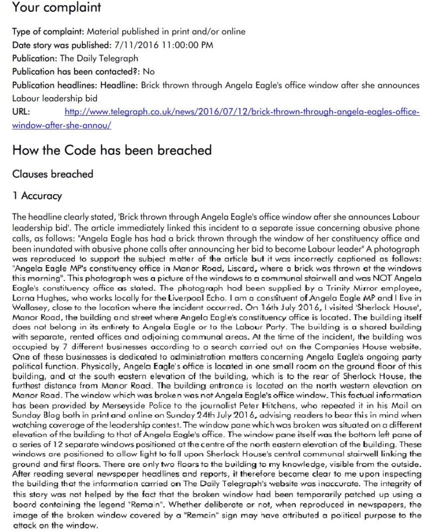 IPSO complaint re Daily Telegraph