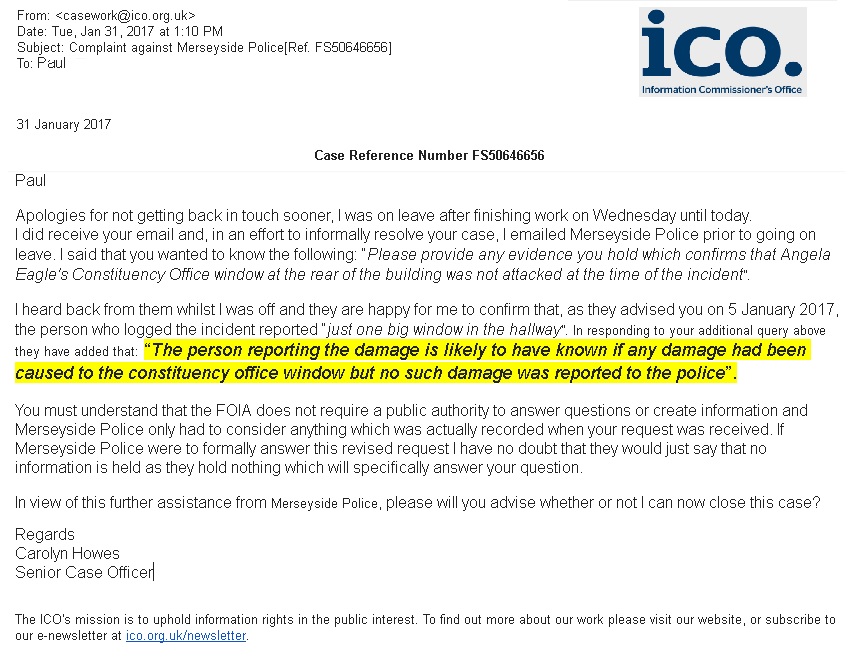 31 01 2017 - ICO - end of brickgate FOI - carolyn howes