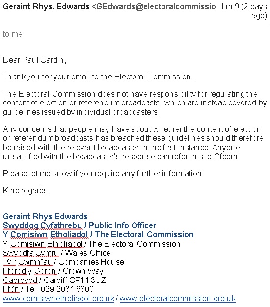 09 06 2017 - Electoral Commission response - Geraint Edwards