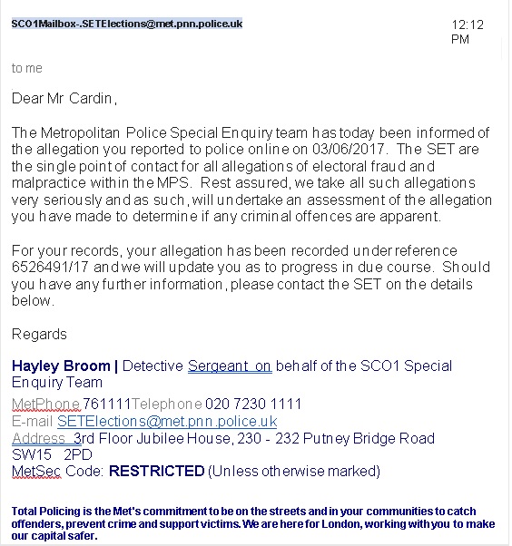 Email acknowledgment from MET SET team