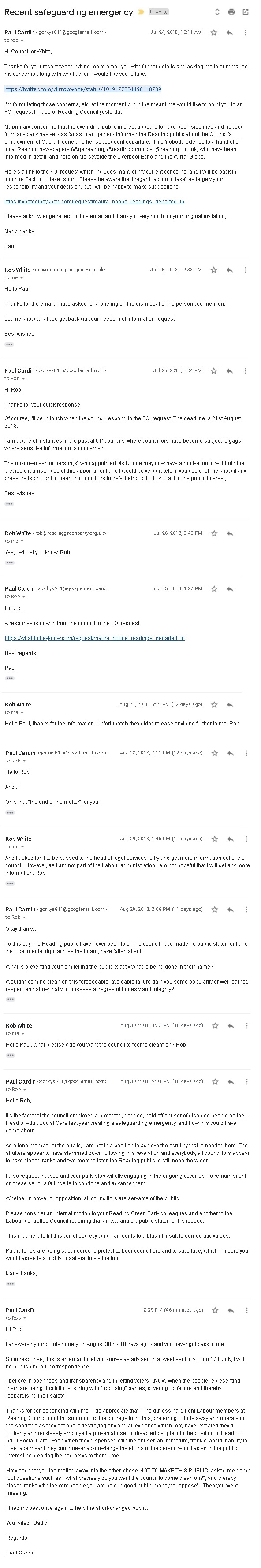 Reading Greens Rob White email trail