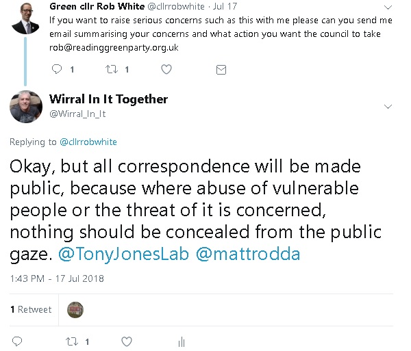 Tweet to Green Rob White about making issues public Reading