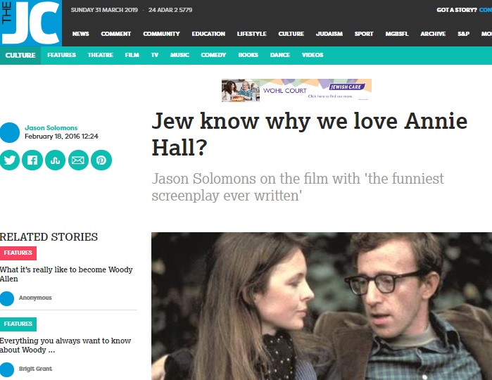 jewish chronicle Feb 18th 2016 - Jew know why we love Annie Hall