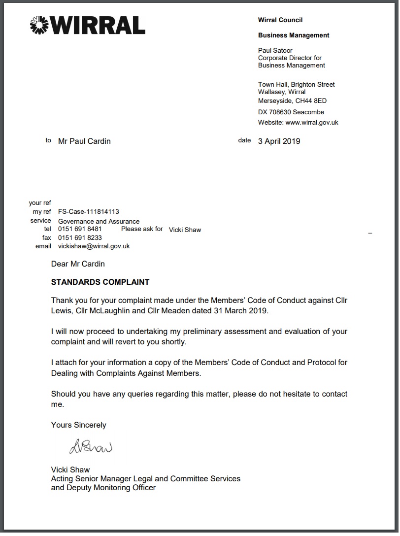 antisemitism standards complaint vicki shaw wirral counci 3rd April 2019 response