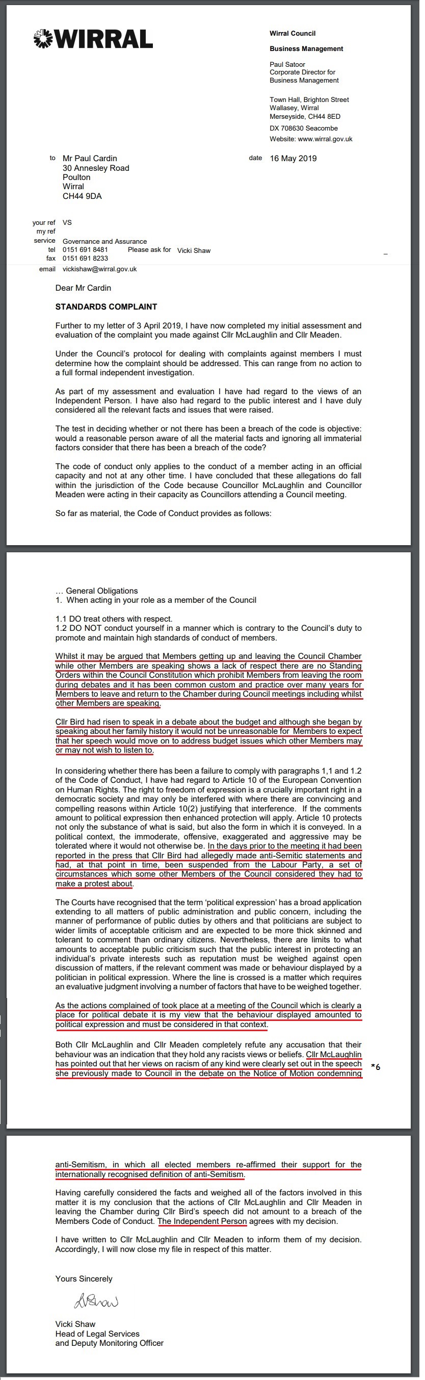 antisemitism standards complaint vicki shaw wirral council 16th May 2019 decision2