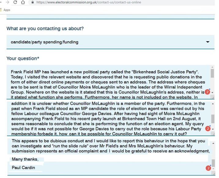 Electoral Commission complaint re Field and McLaughlin