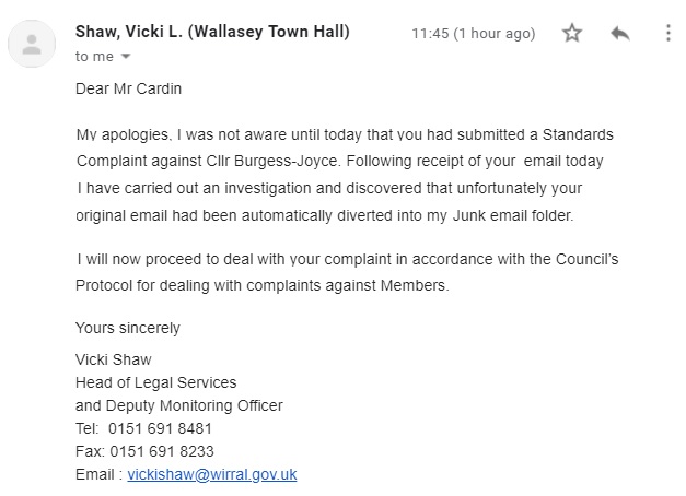Vicki Shaw response to Burgess Joyce Standards Complaint 5th August 2019