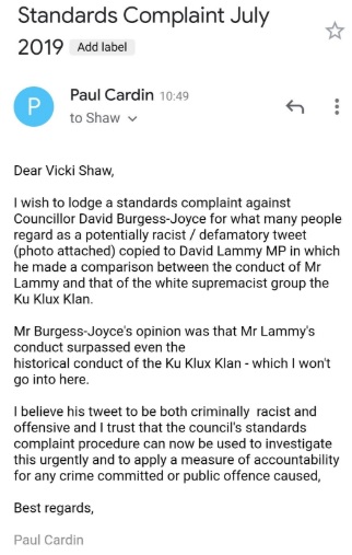 Burgess Joyce standards complaint on 17th July 2019