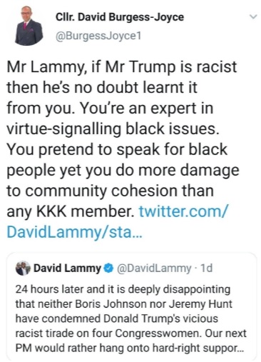 David Burgess Joyce - the offending tweet to David Lammy MP