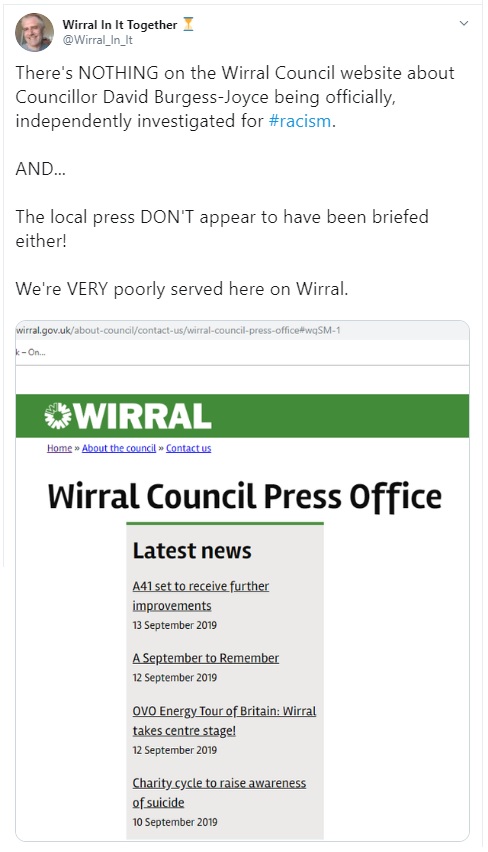 nothing on wirral council website about Burgess-Joyce racist tweet - 15 Sep 2019