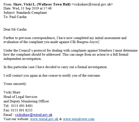 Vicki Shaw formal investigation response to Burgess Joyce Standards complaint 11th September 2019