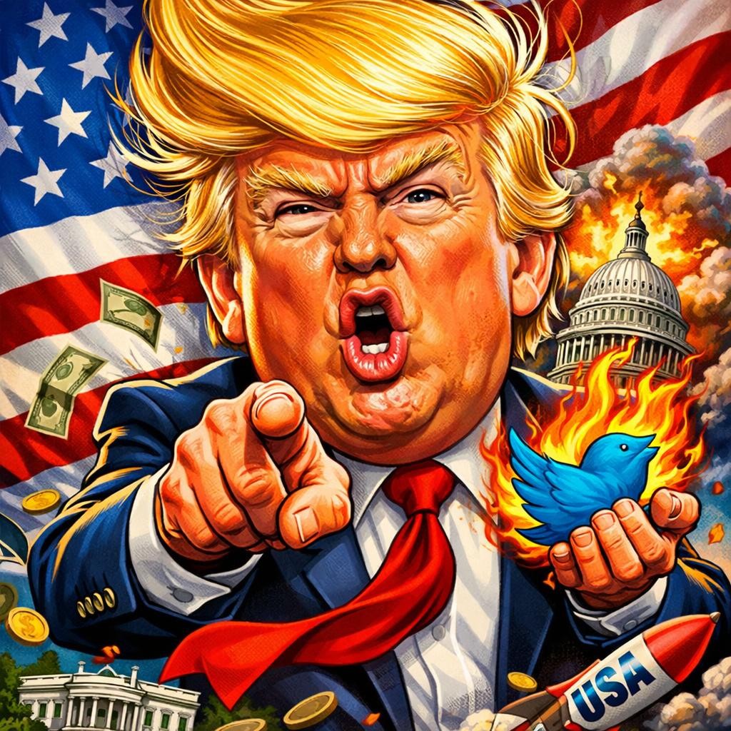 Caricature of Donald Trump with fiery Twitter bird, US Capitol explosion, and US flag background