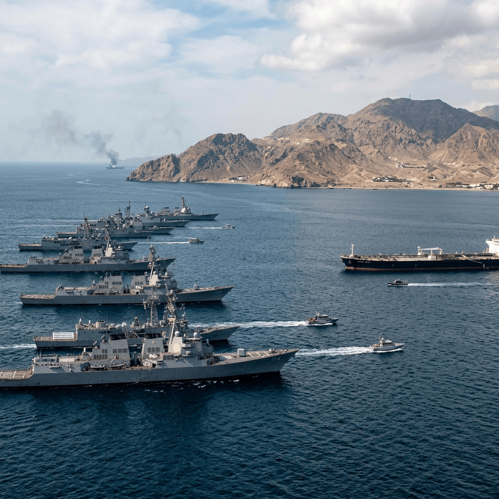 Multiple naval warships aligned in formation near coastal mountains with small speedboats and a tanker ship