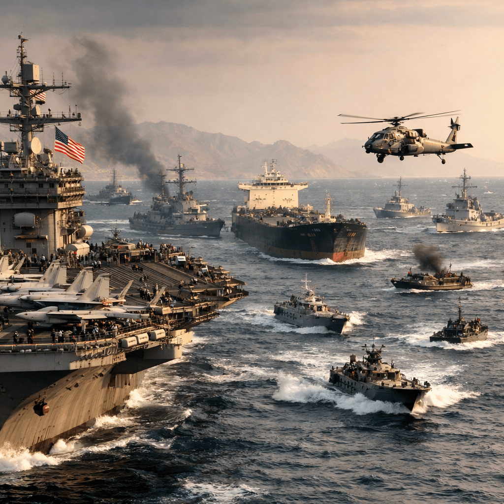 Multiple naval ships and a helicopter operating together at sea with mountains in the background