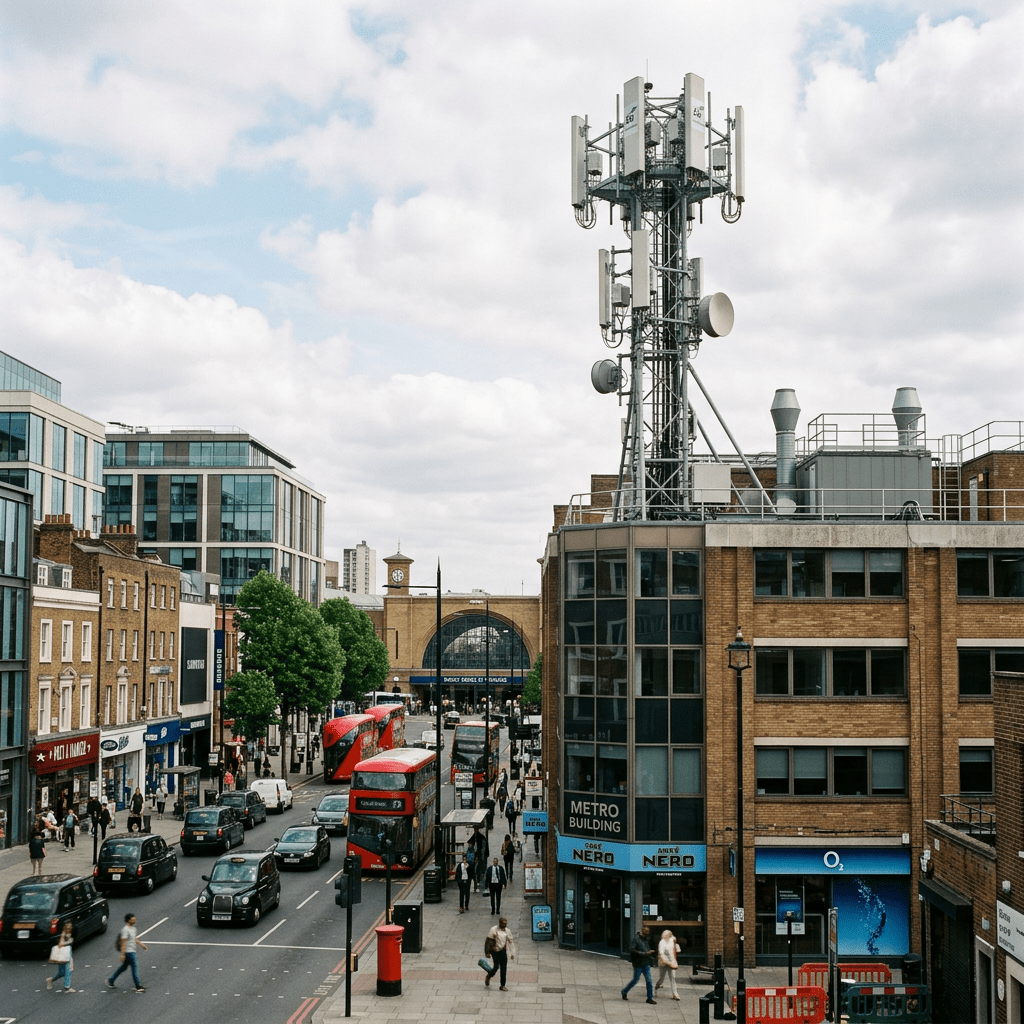 Street with red double-decker buses, pedestrians, Metro Building, and communications tower