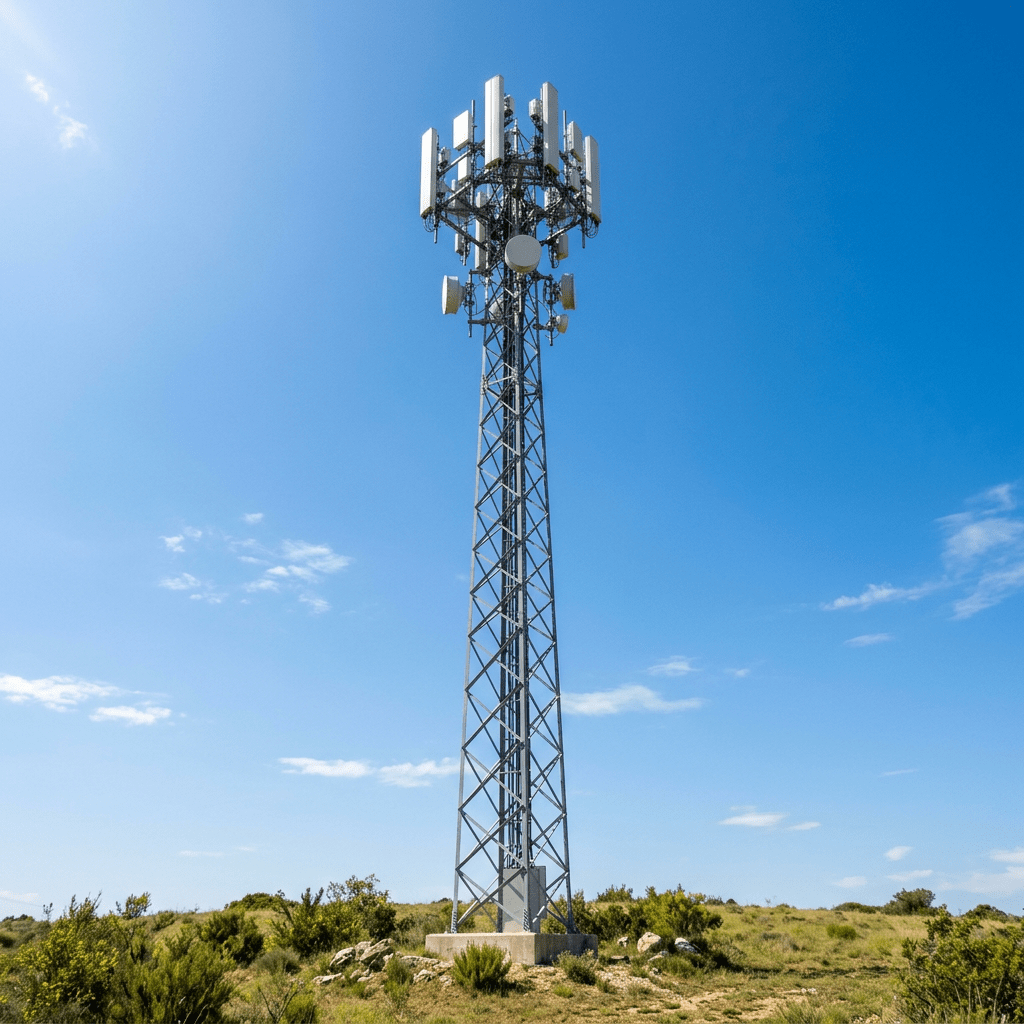Cellular communication tower with multiple antennas on a grassy hill under blue sky