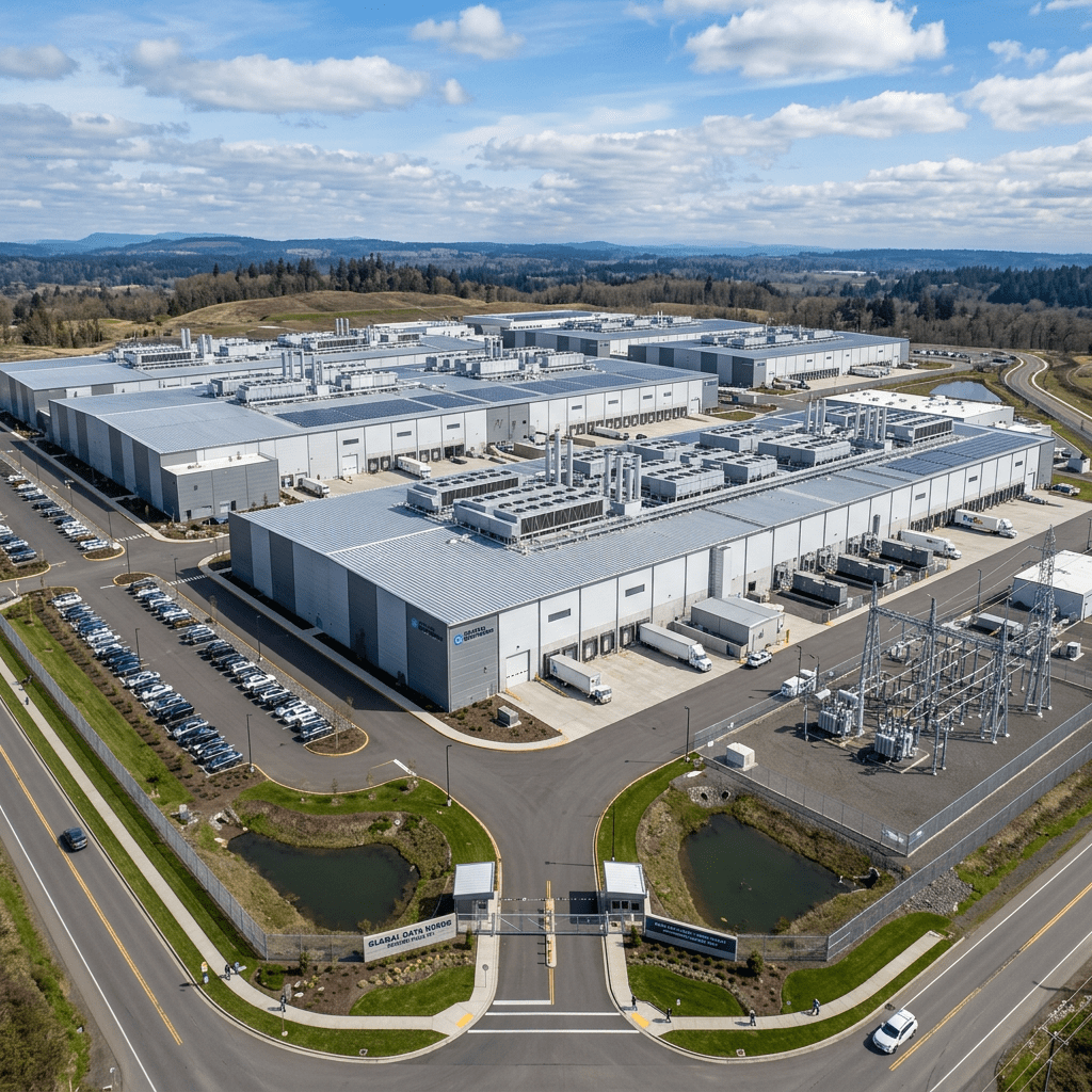 Large data center facility with cooling units, parking lots, and electrical substation