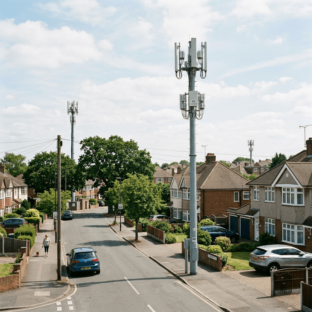 Suburban residential street featuring several 5G cell towers and houses with gardens