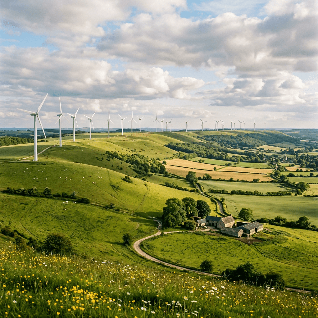 Row of wind turbines on green hills under partly cloudy sky
