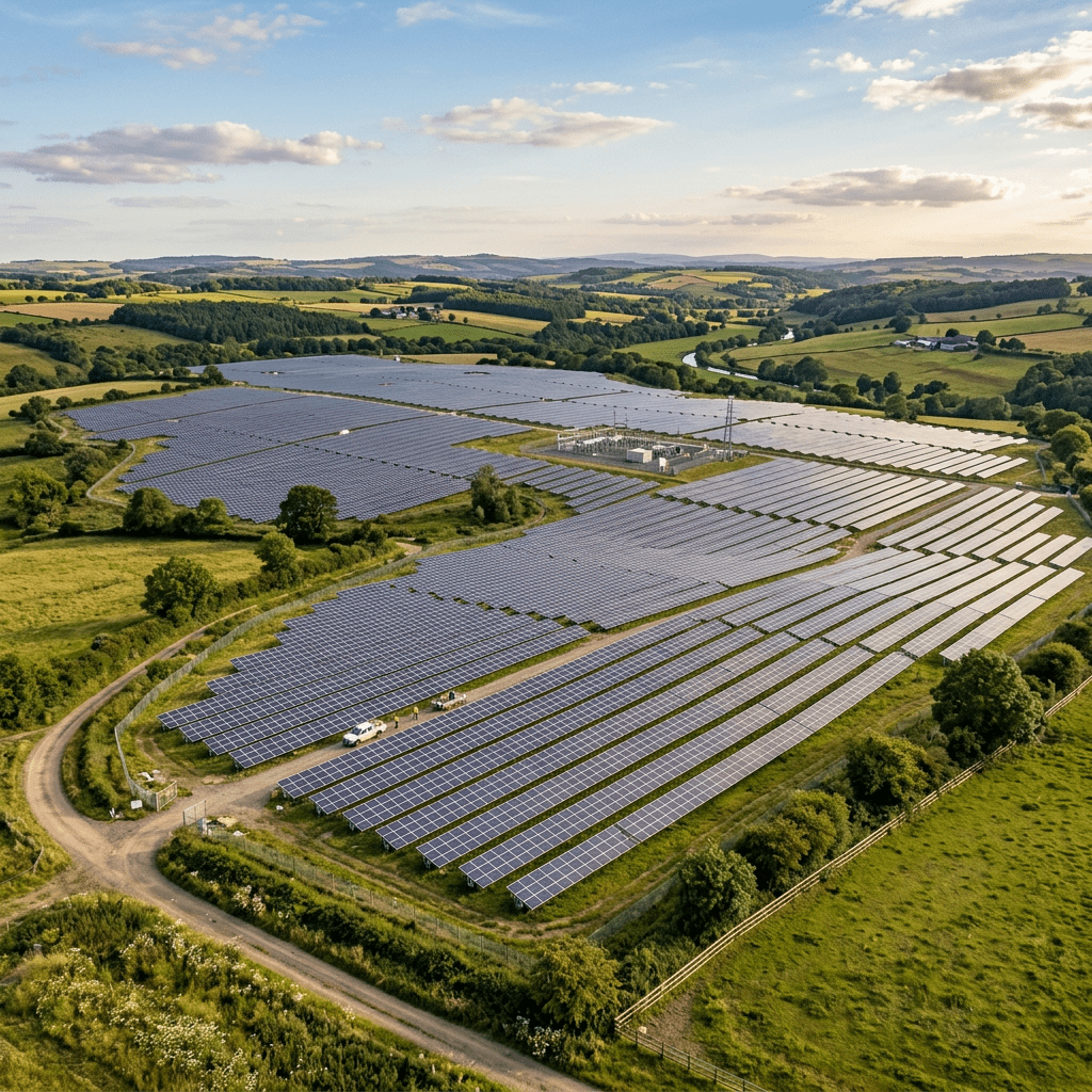 A large solar farm with numerous photovoltaic panels arranged in rows across a green rural area with rolling hills and scattered trees.
