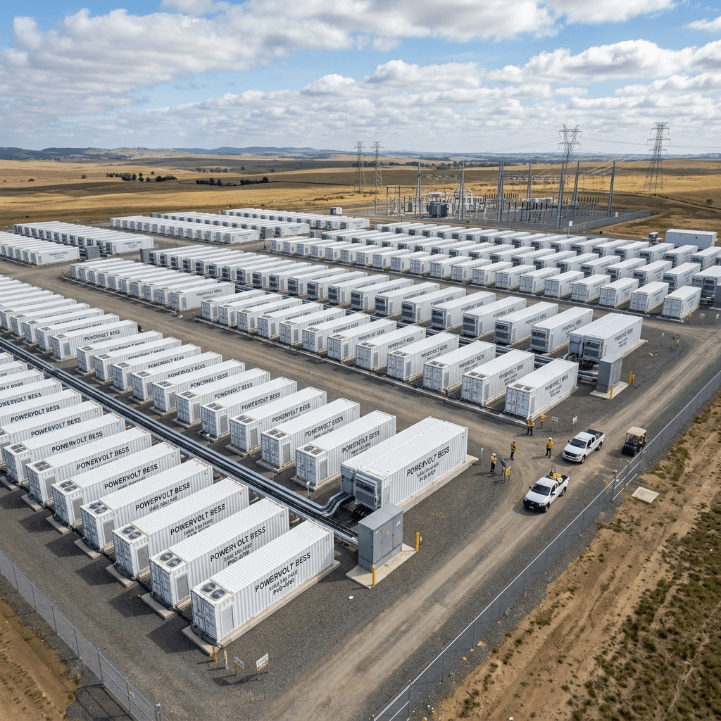 Numerous white rectangular power storage containers arranged in rows at a fenced outdoor site