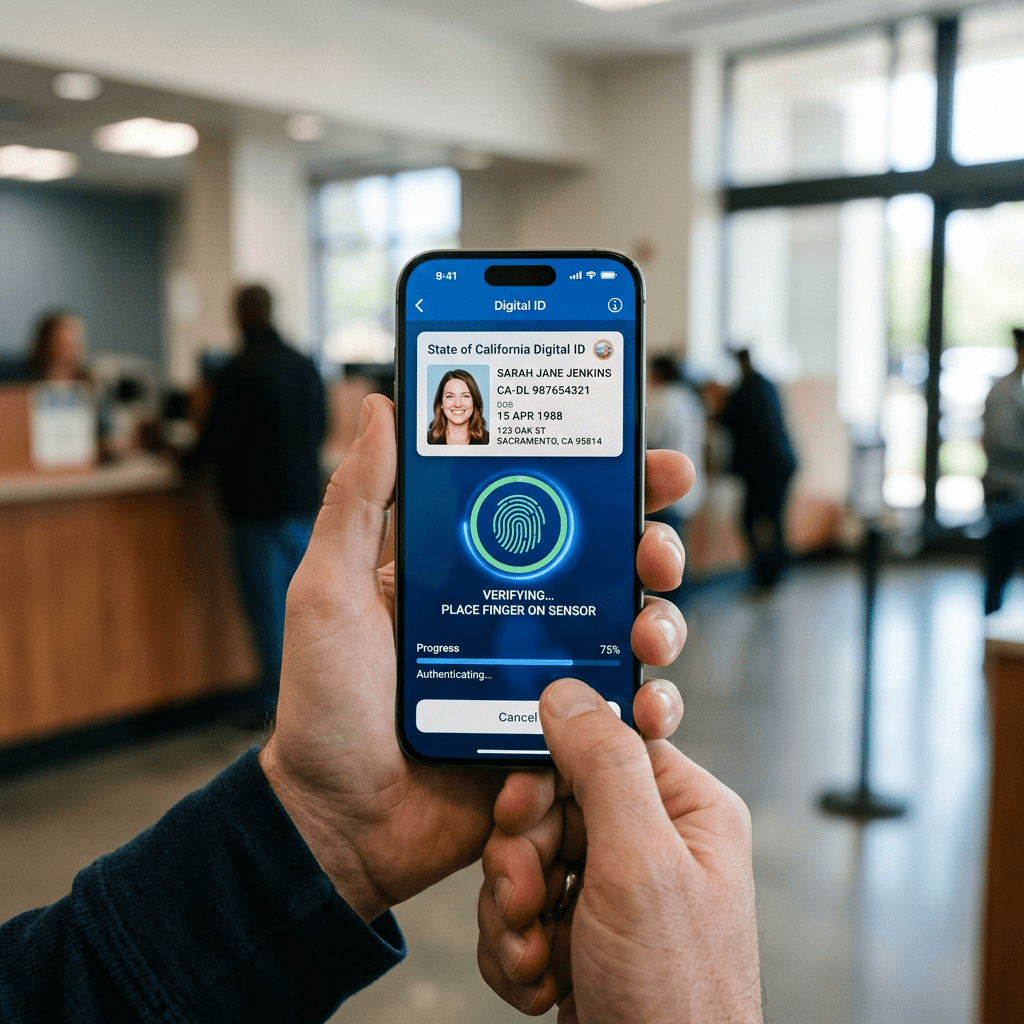 Smartphone screen showing California digital ID and fingerprint verification in progress