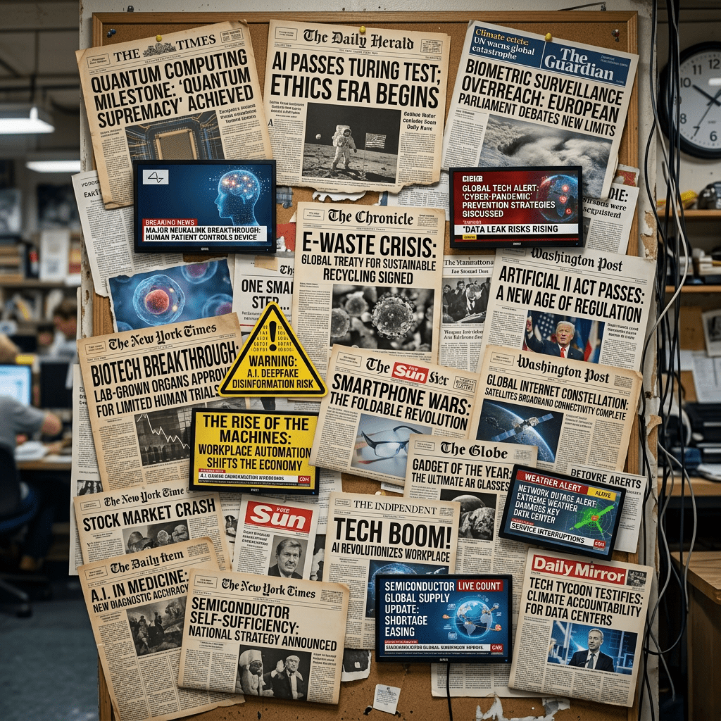 Bulletin board with newspaper headlines on war, moon landing, stock market crash, pandemic, climate crisis, election results, and protests, alongside TV news screens
