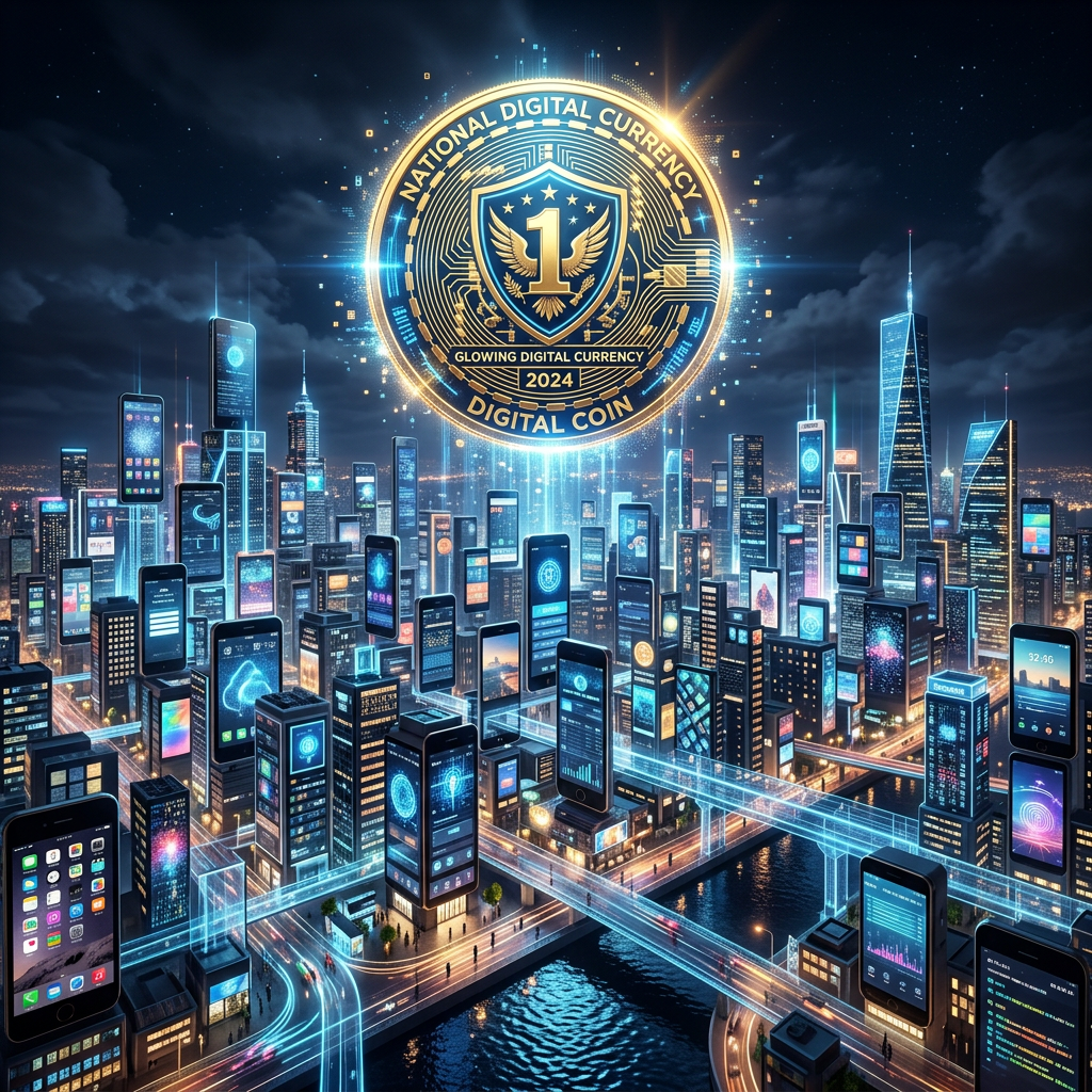 Cityscape composed of smartphone-shaped skyscrapers connected by glowing pathways with a large digital coin labeled National Digital Currency 2024 hovering above.