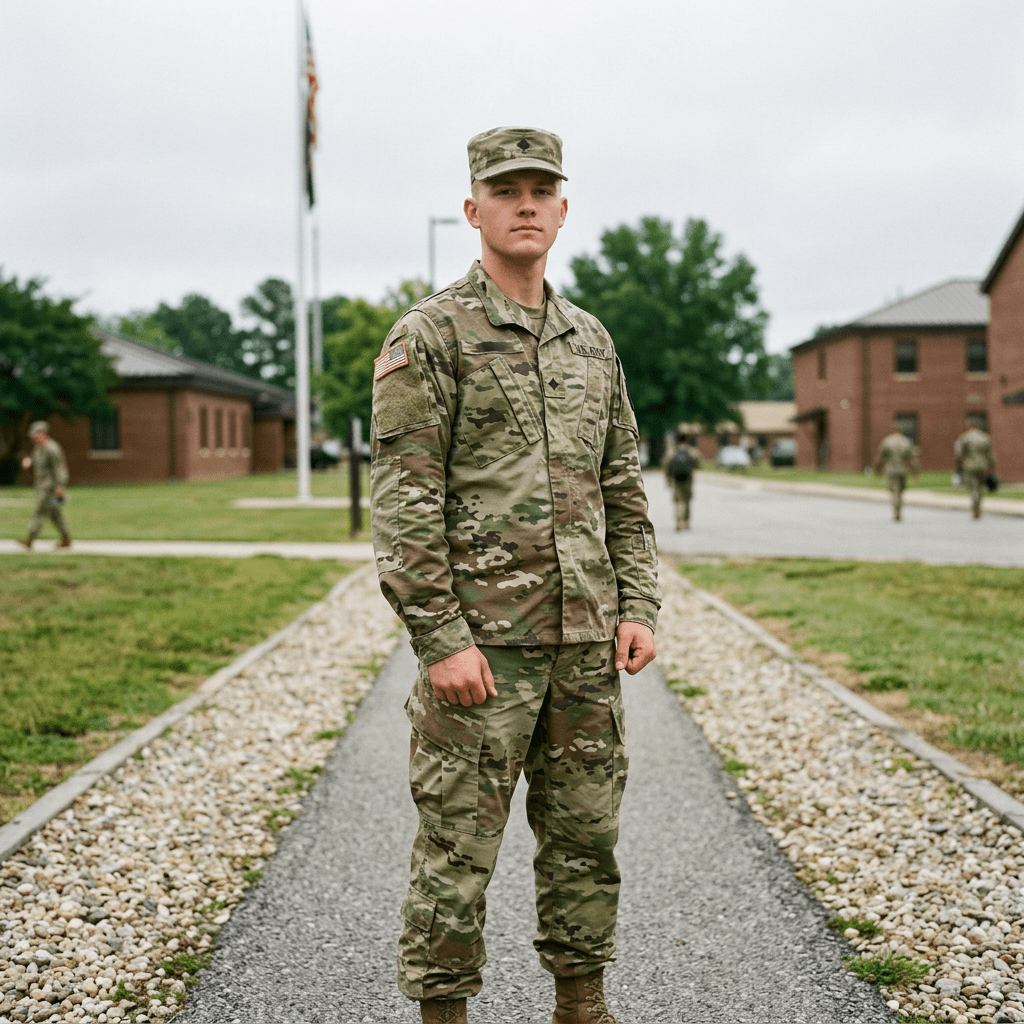U.S. Army soldier in camouflage uniform standing on a pathway with buildings and flagpole in the background