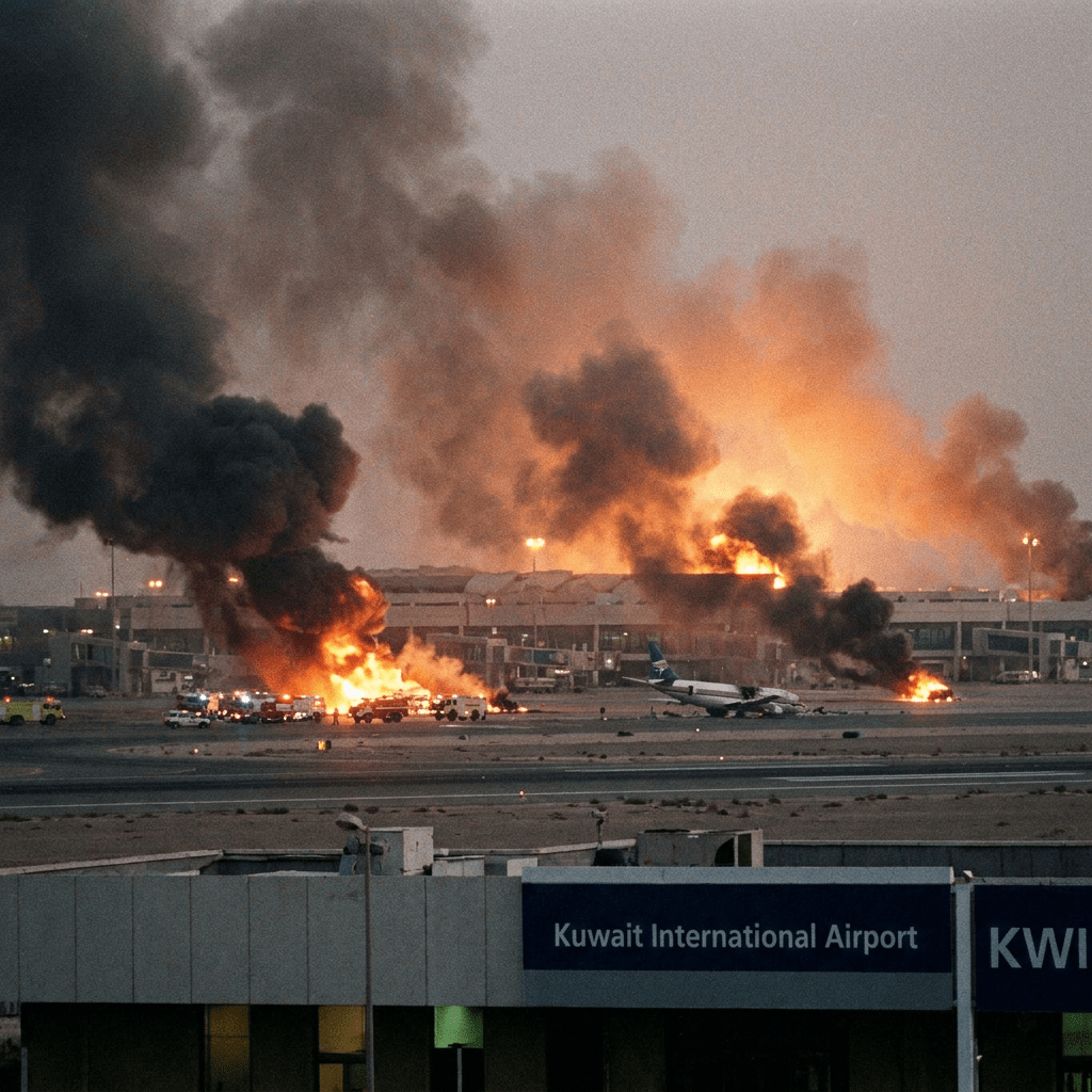 Fire and smoke from crash at Kuwait International Airport near damaged airplane