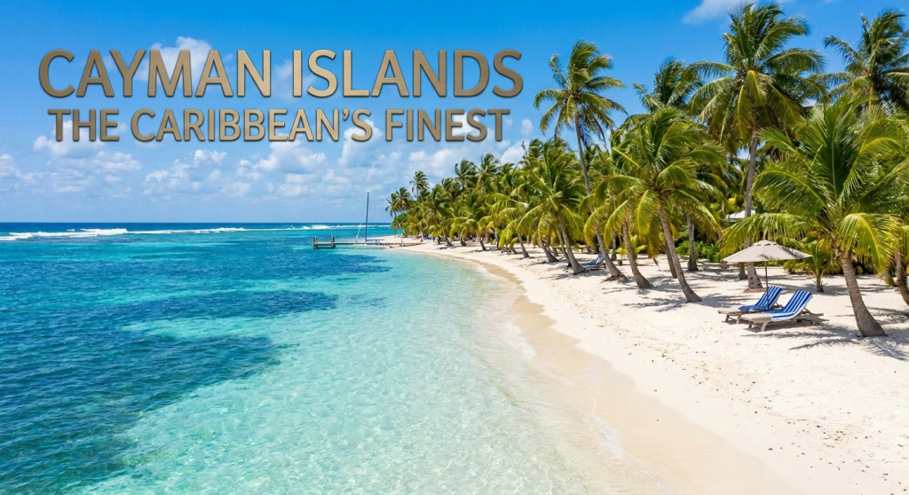 Clear turquoise waters lapping white sandy beach lined with palm trees and lounge chairs