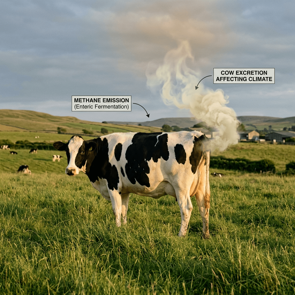 Cow emitting methane gas labeled as contributing to climate change