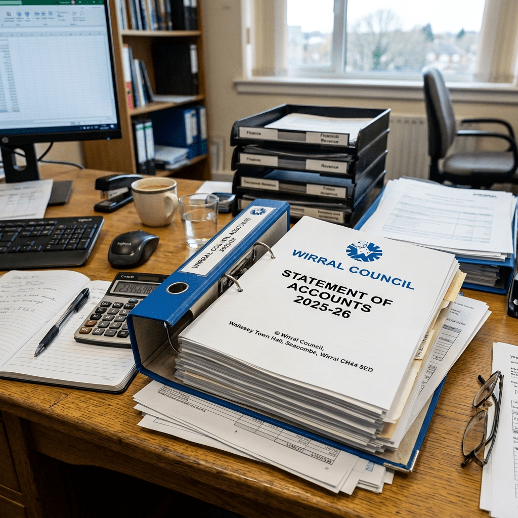 Binder labeled Wirral Council Statement of Accounts 2023-24 on a cluttered office desk