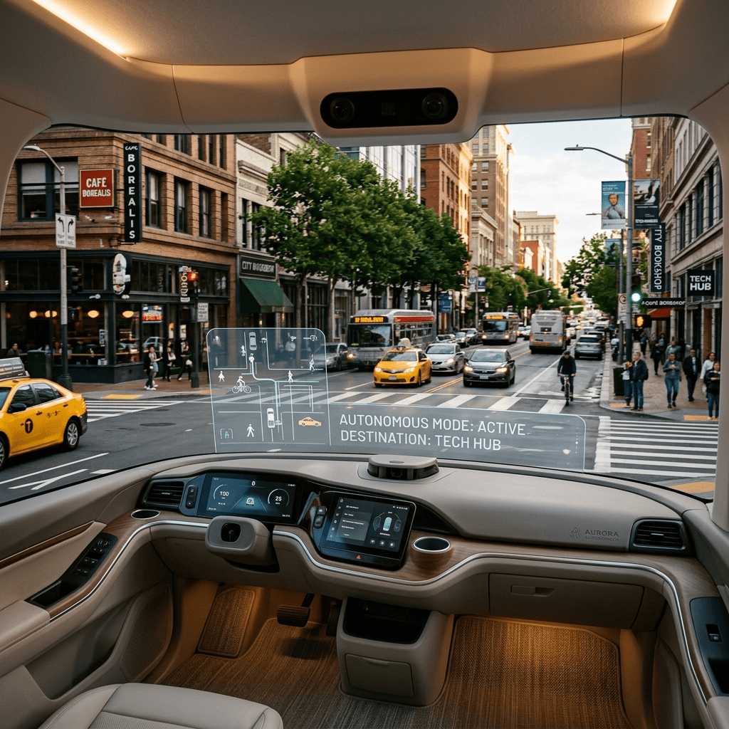Autonomous Aurora shuttle with passengers moving along city street