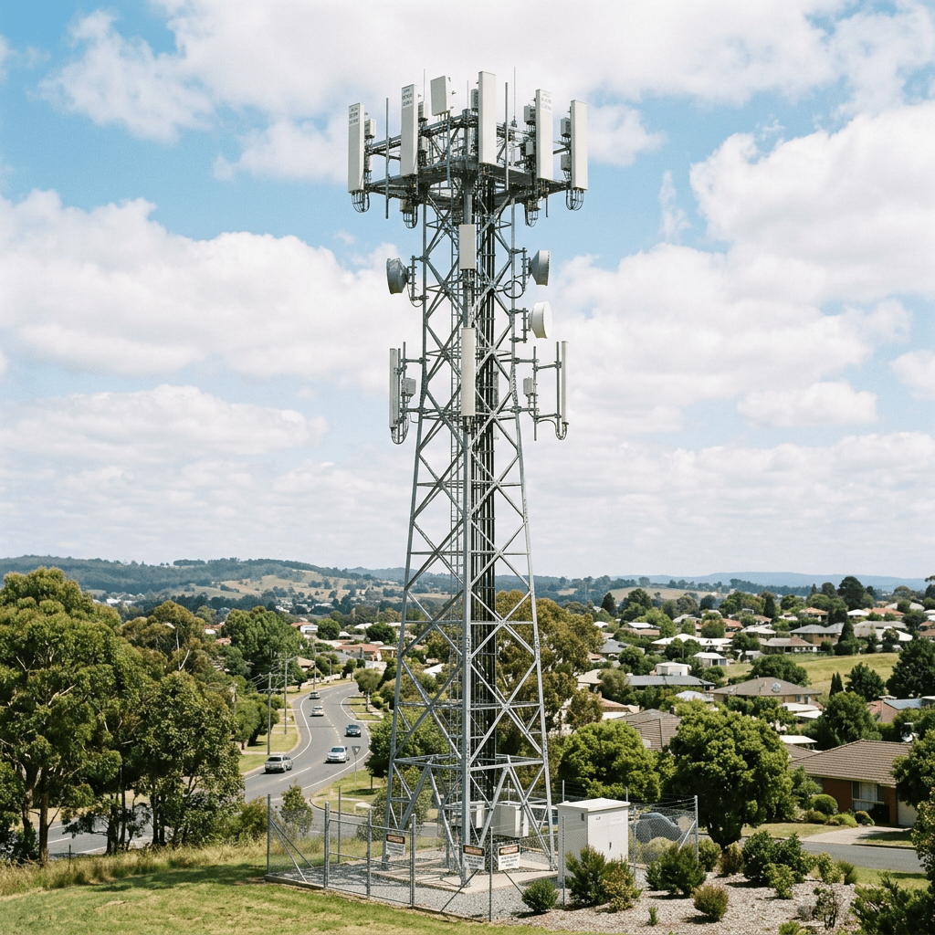 Metal telecommunication tower with antennas in suburban neighborhood under blue sky with clouds