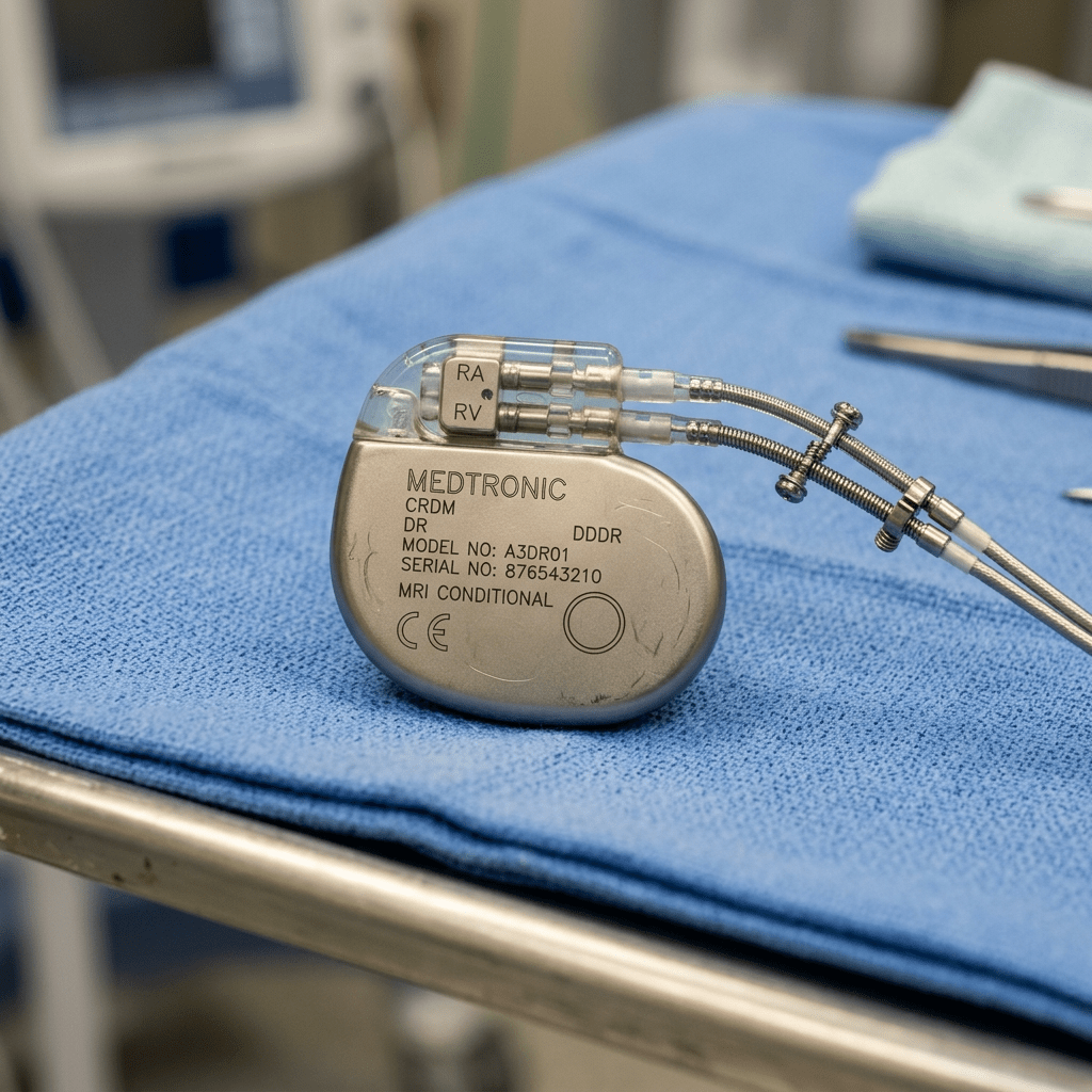 Medtronic pacemaker model A3DR01 with attached leads on blue surgical cloth