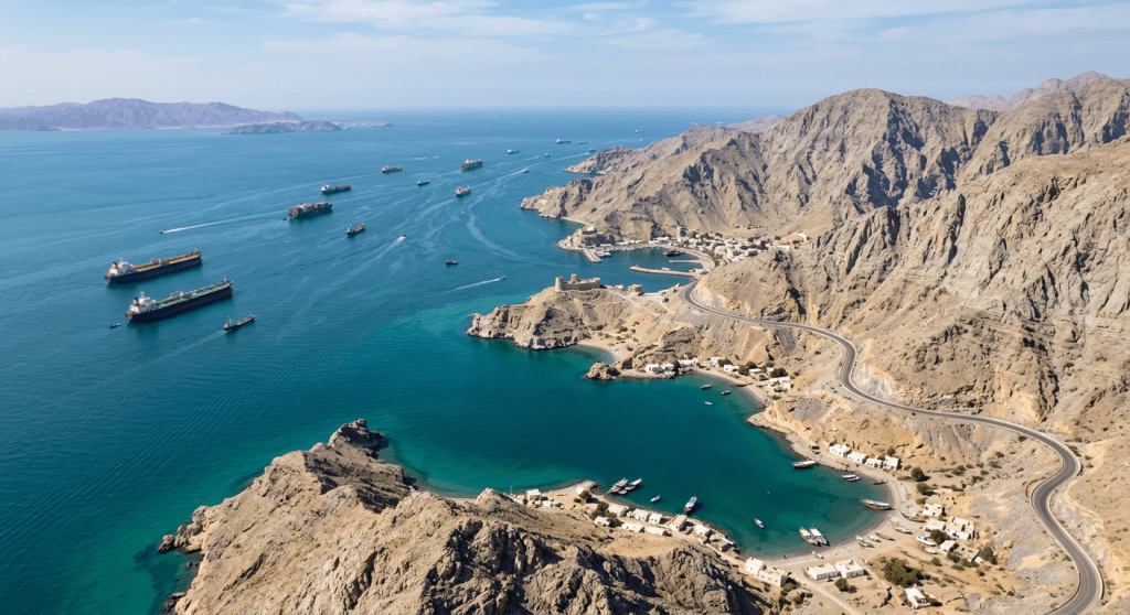 Oil tankers lined up in a narrow coastal waterway between rocky mountains with a winding road and small settlements along the shore