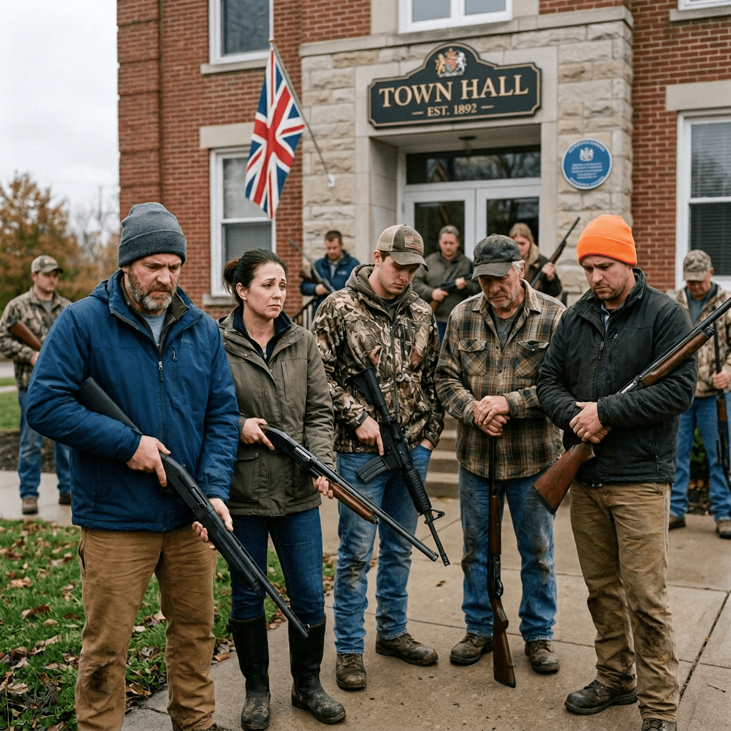 Five hunters standing with rifles on a muddy farm path