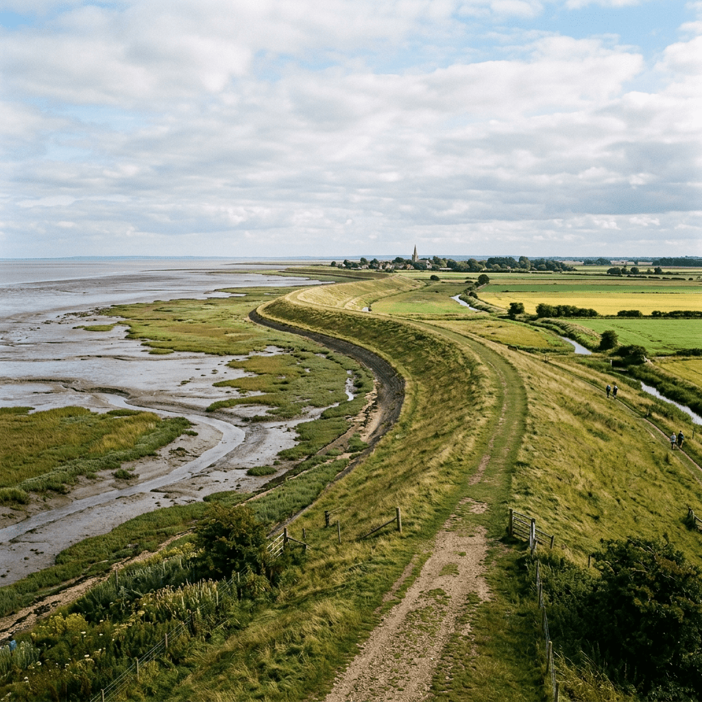 Grassy coastal trail beside tidal marshes, fields, and a distant church